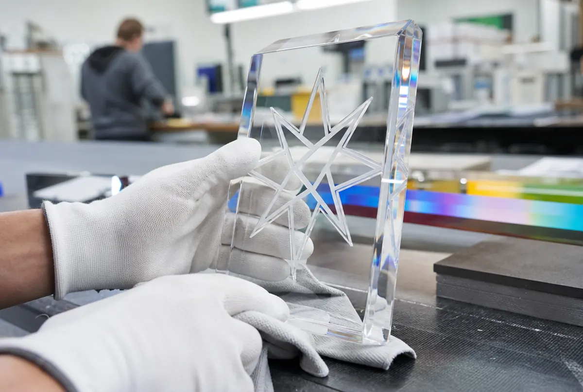 Des mains polissent une statuette en plexiglas gravée