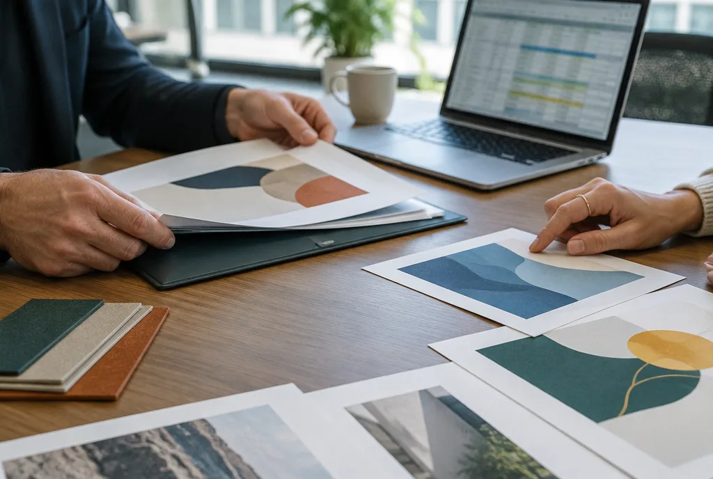 A meeting at a table: the hands of two people over a folder of documents and print samples, a laptop showing a spreadsheet
