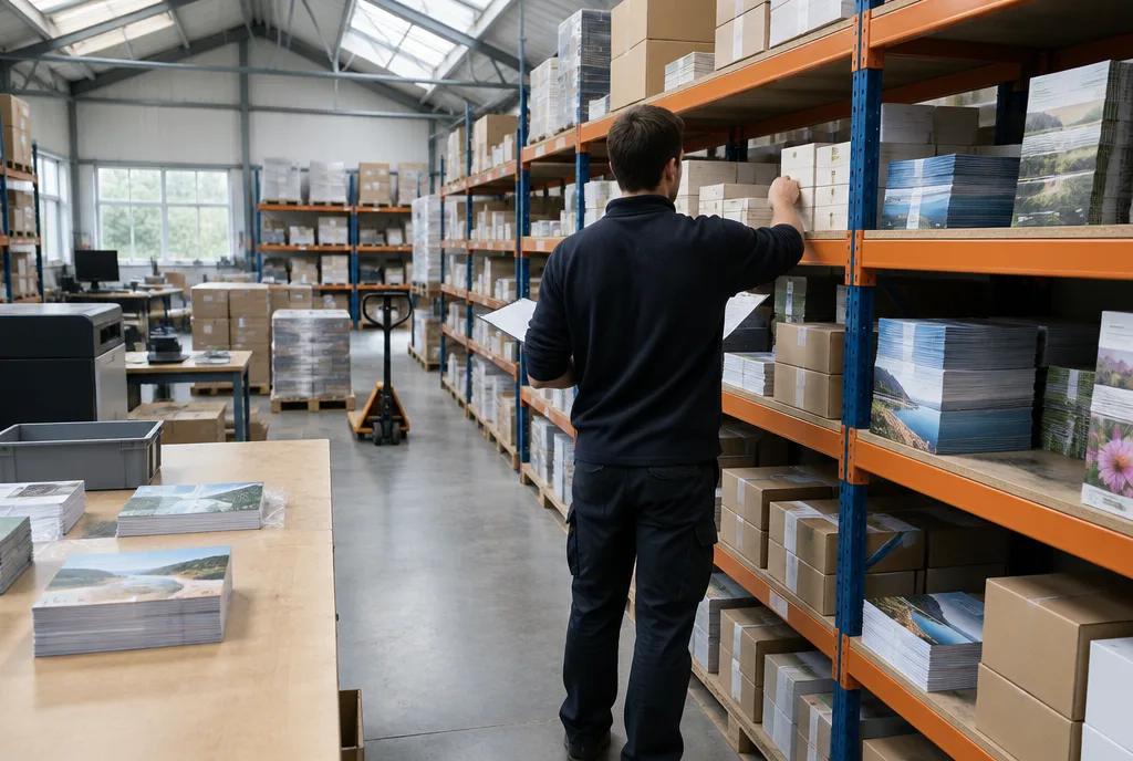 Print shop warehouse with shelving full of packed materials for regular clients, an employee seen from behind picking an order