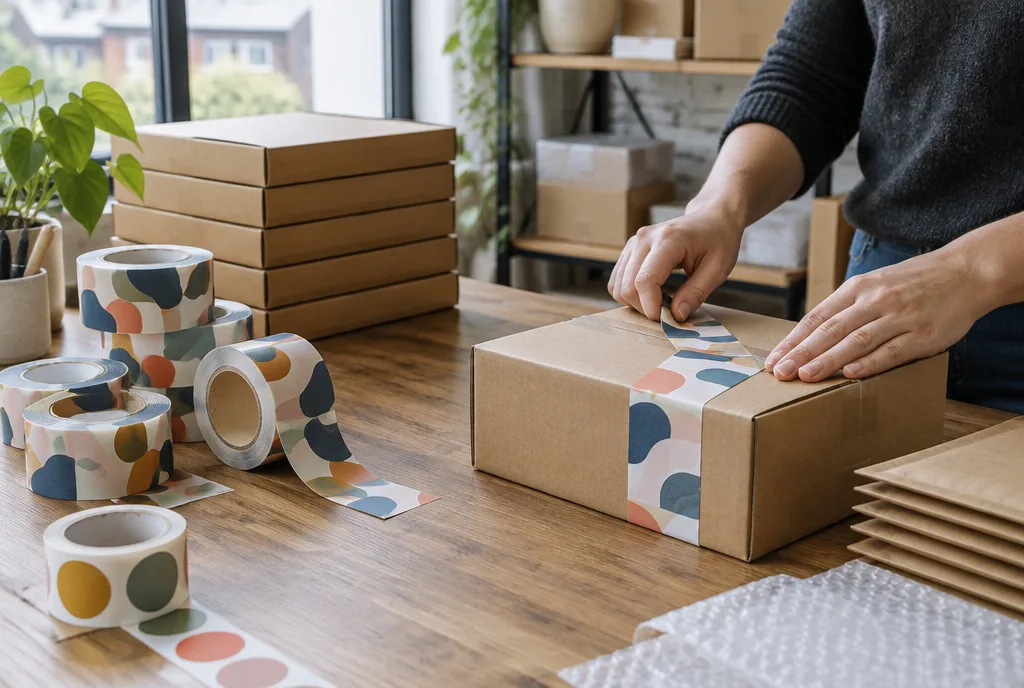 Postazione di imballaggio di un e-commerce con nastro stampato, scatole di spedizione e rotoli di adesivi