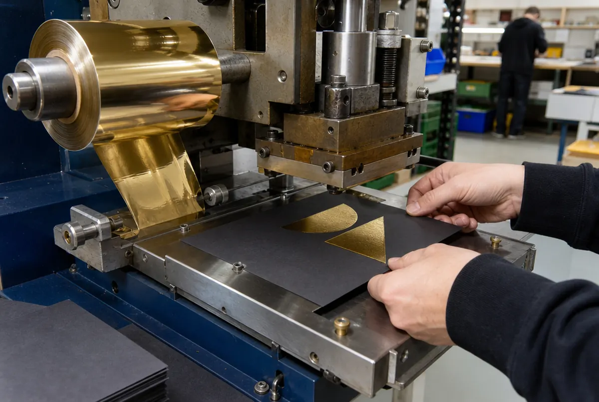 Eine Presse bringt Goldfolie auf eine Karte auf, Nahaufnahme