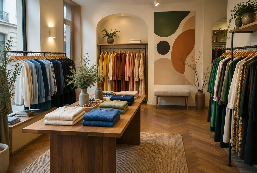 Boutique interior with clothes arranged by colour, a display table, warm lighting and a wall graphic