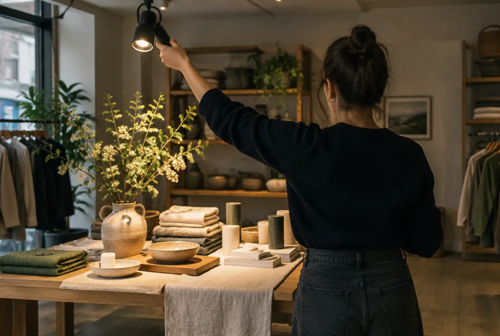 Visual merchandiser arranging products on a display table and adjusting a spotlight in a store, seen from behind