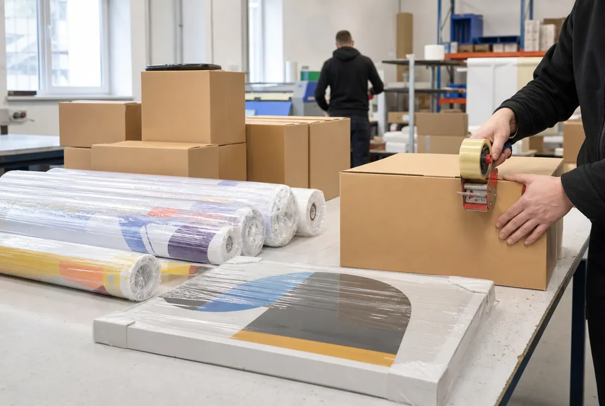 Neutrale Kartons ohne Kennzeichnung werden mit fertigen Drucken gepackt
