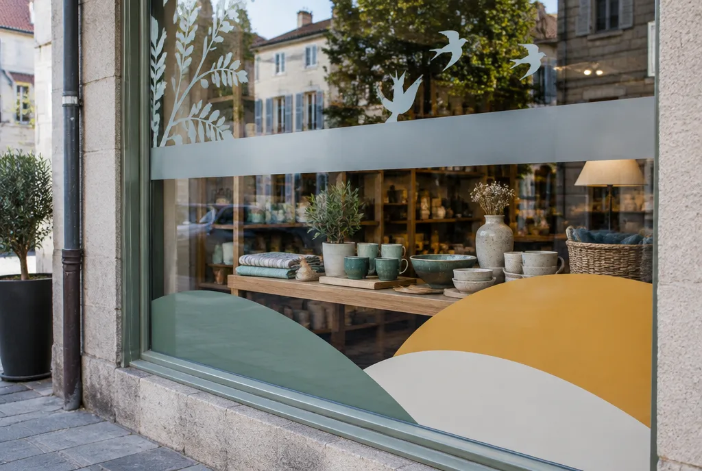 Small shop window with a band of frosted film at eye level, a visible display and graphics at the bottom of the glass