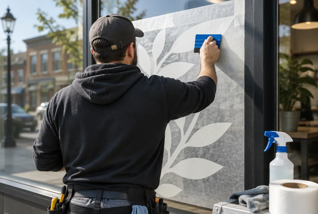 An installer seen from behind applying plotter-cut vinyl elements to a shop window with a squeegee and application tape