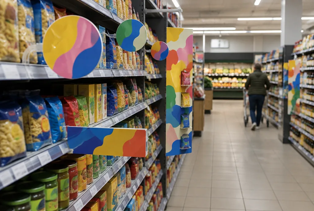 Kaupluse vahekäik POS-materjalidega: painduvatel käppadel wobblerid, vahekäigus shelfstopper ja riiuli kohal hanger