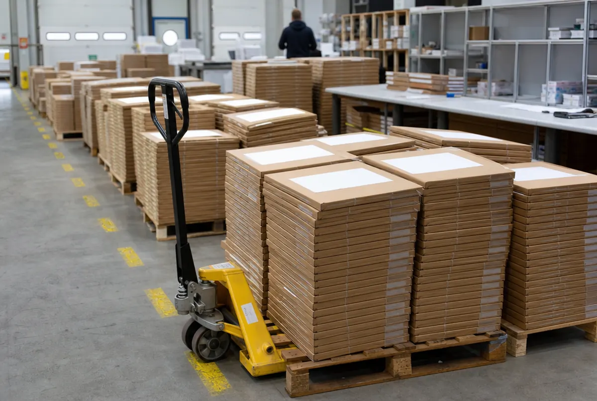 Rows of parcels with marketing materials ready for dispatch