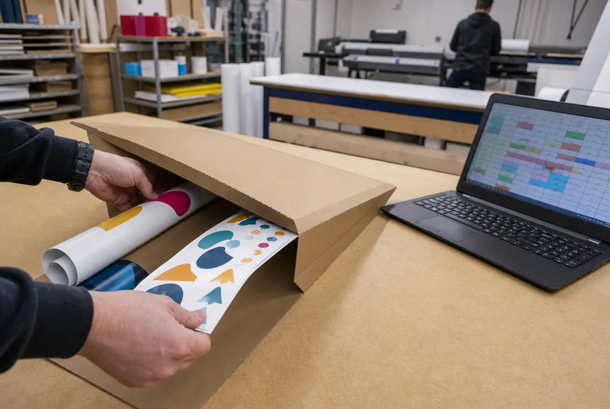 Hands packing posters and stickers into a parcel for a shop