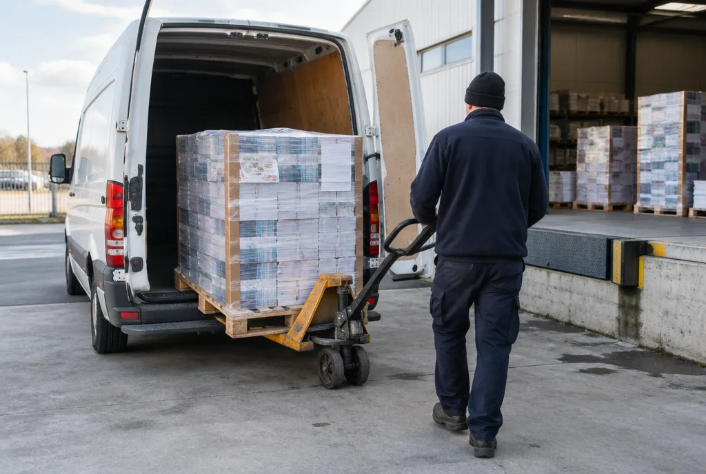 A pallet of wrapped printed materials being loaded into a courier van at a print shop loading bay