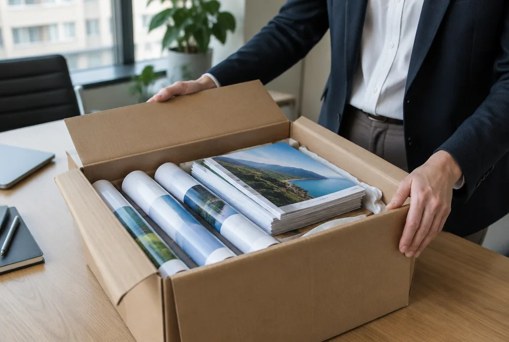 A client's hands opening a box of delivered rolled banners and flyers in an office