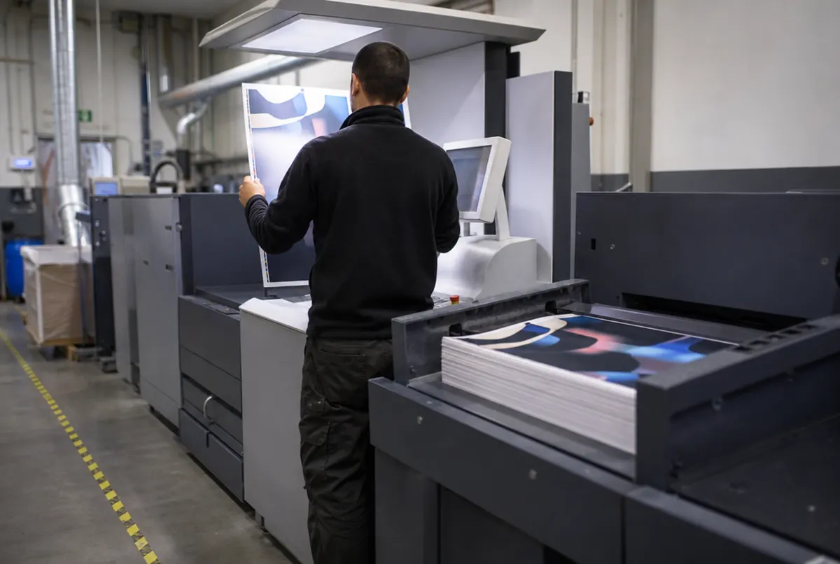 SRA3 sheets in the output tray of a production digital press, checked under a lamp