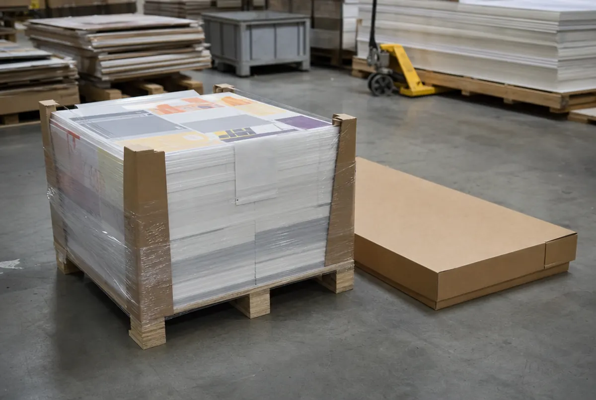 Flat sheets packed on a pallet with cardboard corner protectors