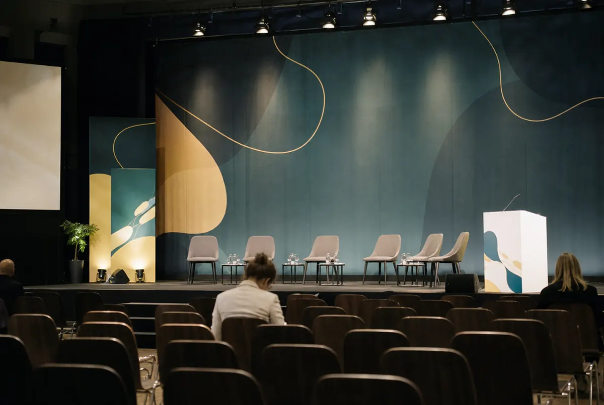 Fondo de escenario Airtex mate tras el atril, sin reflejos con los focos