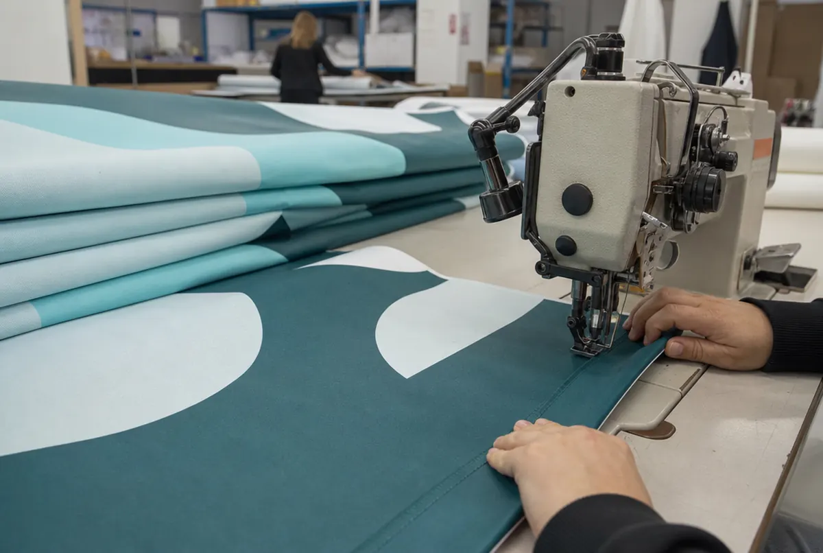 Dobladillo de una lona textil en una máquina de coser industrial