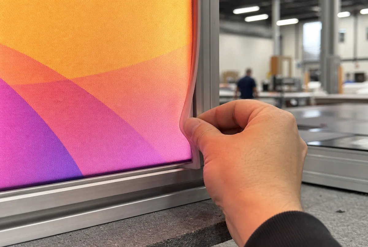 Main insérant un tissu backlit à jonc silicone dans la rainure du profilé