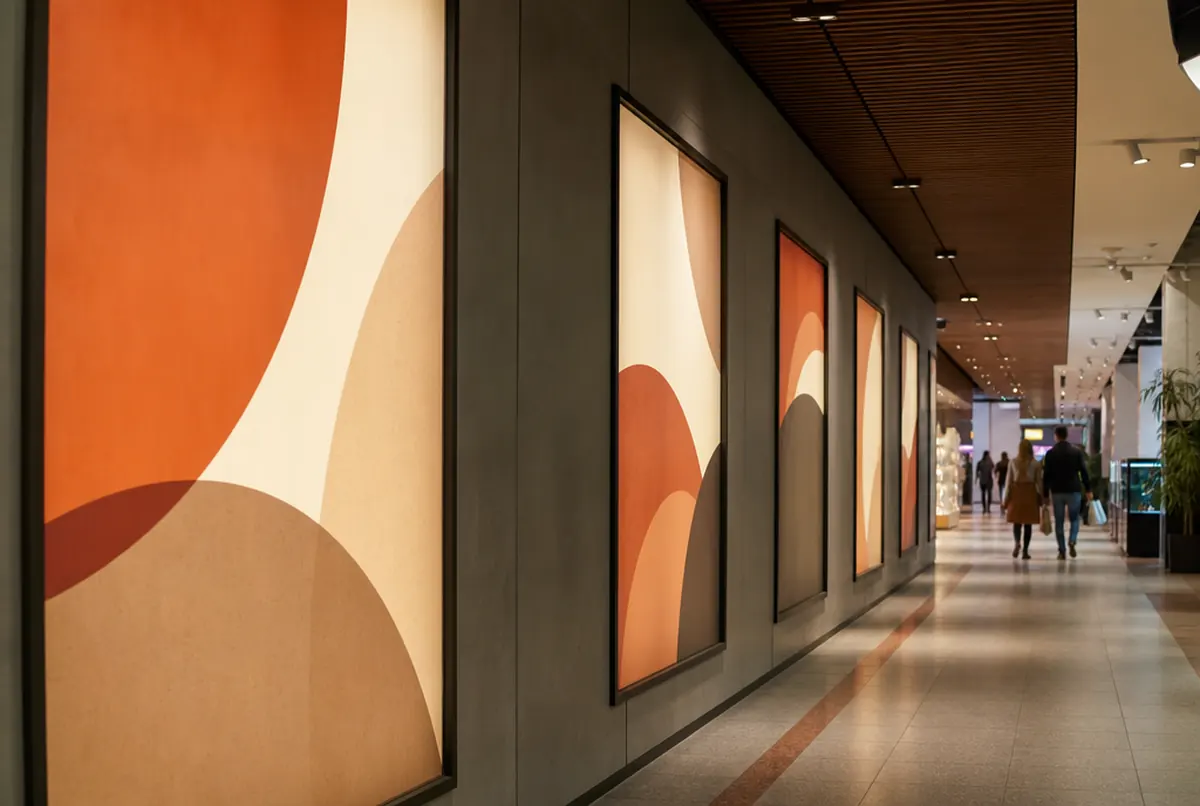 Mur de visuels backlit lumineux aux tons chauds dans une galerie marchande