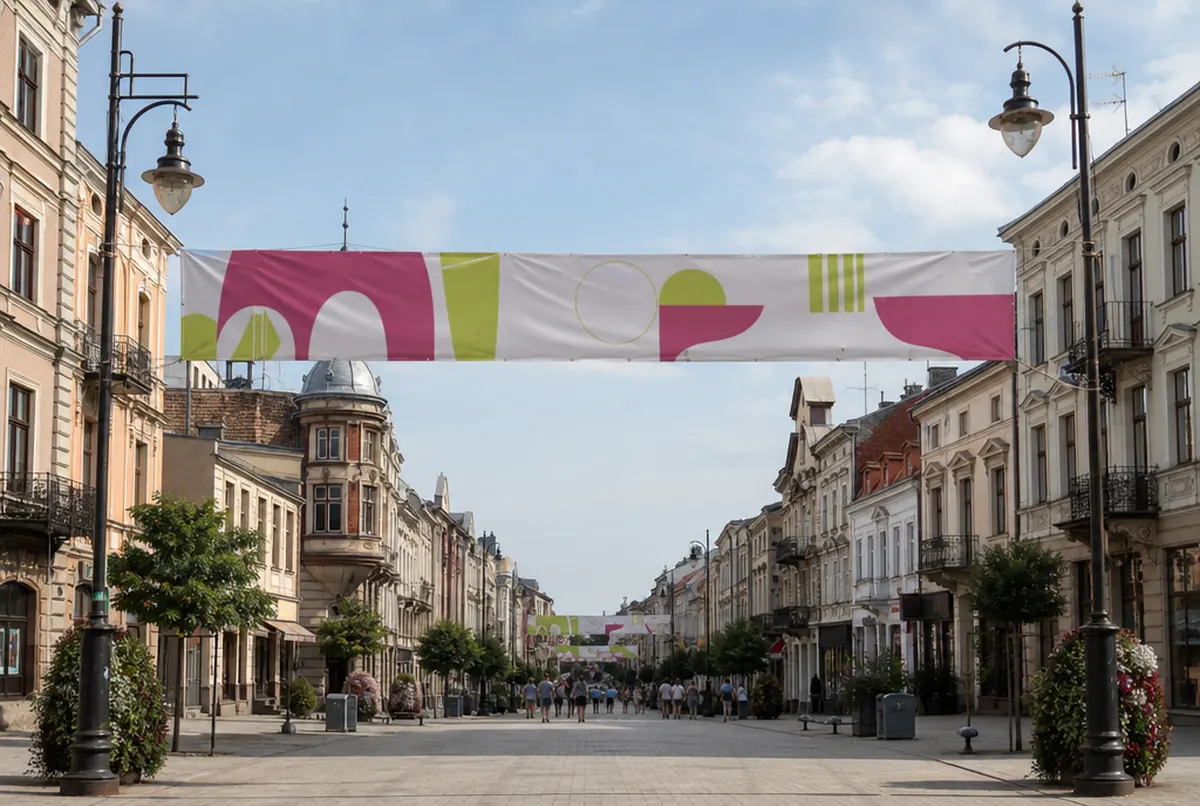 Double-sided blockout banner stretched on steel cables above a town centre street