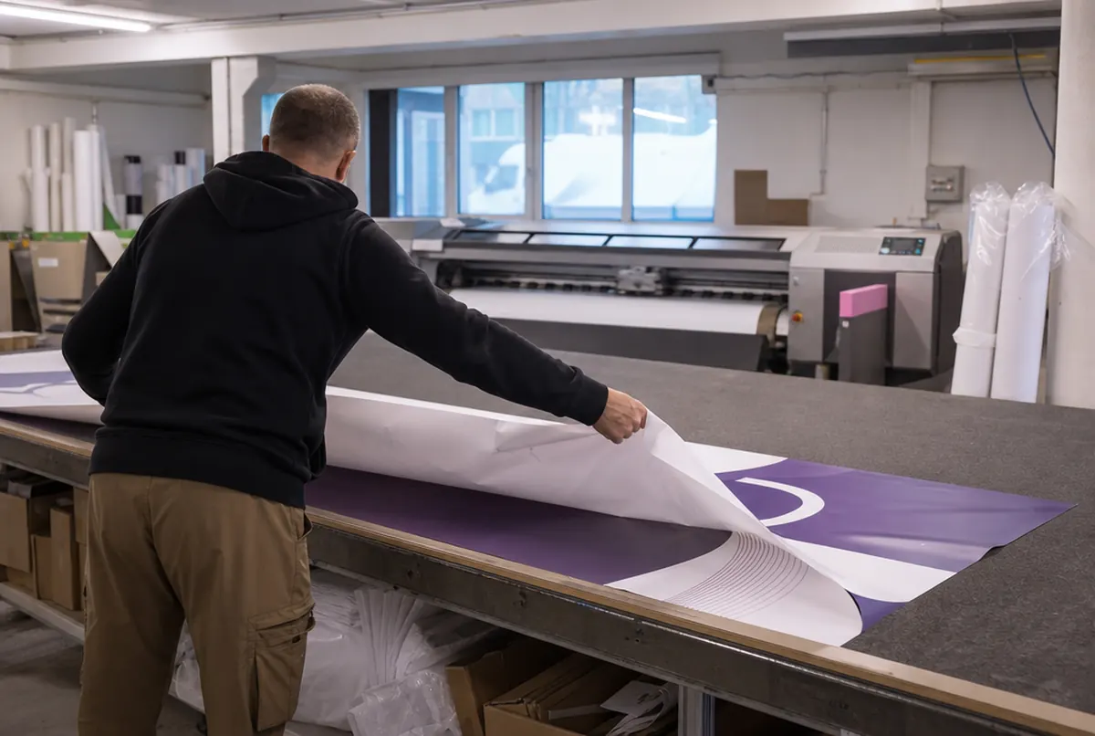 Worker flipping a printed blockout banner on the table to print its second side