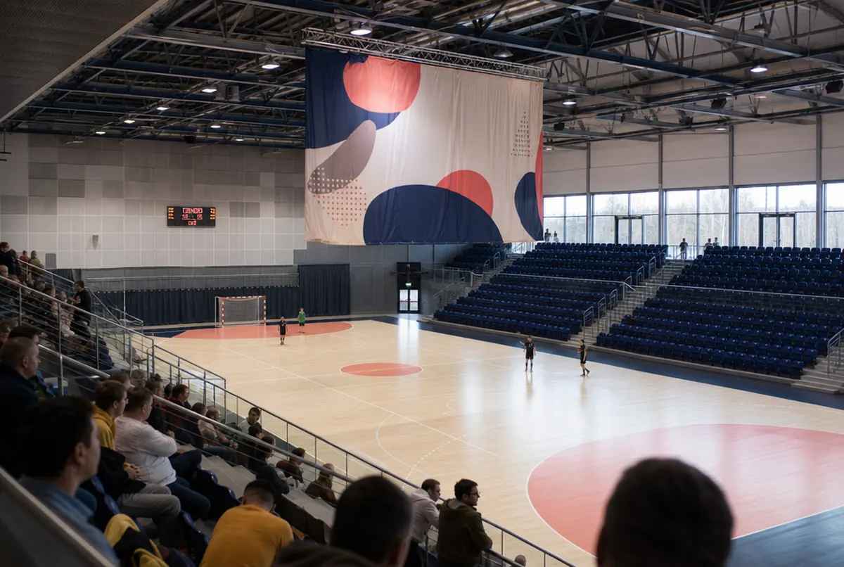 Blockout banner hung from a sports hall ceiling, visible from stands on both sides