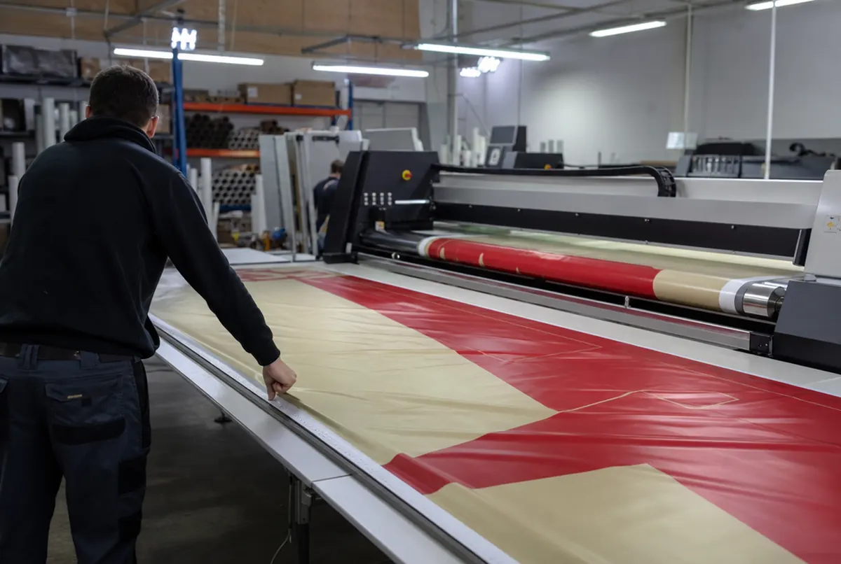 Großformatdrucker druckt ein langes PVC-Banner, ein Mitarbeiter führt es über den Tisch