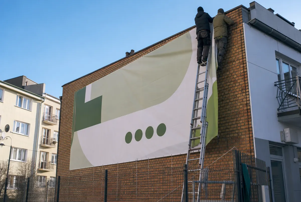 Großes Werbebanner an einer Ziegelwand, zwei Monteure auf einer Leiter