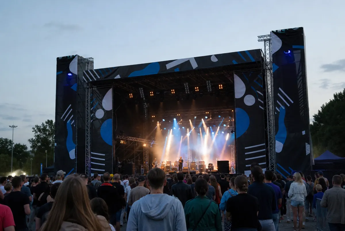 Speaker towers by an outdoor stage wrapped in printed black acoustic mesh