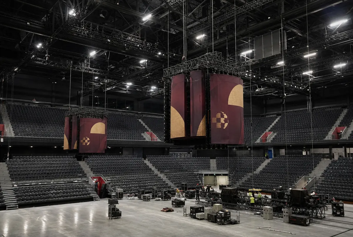 Hanging speaker clusters in a sports arena with burgundy acoustic banners before a gala