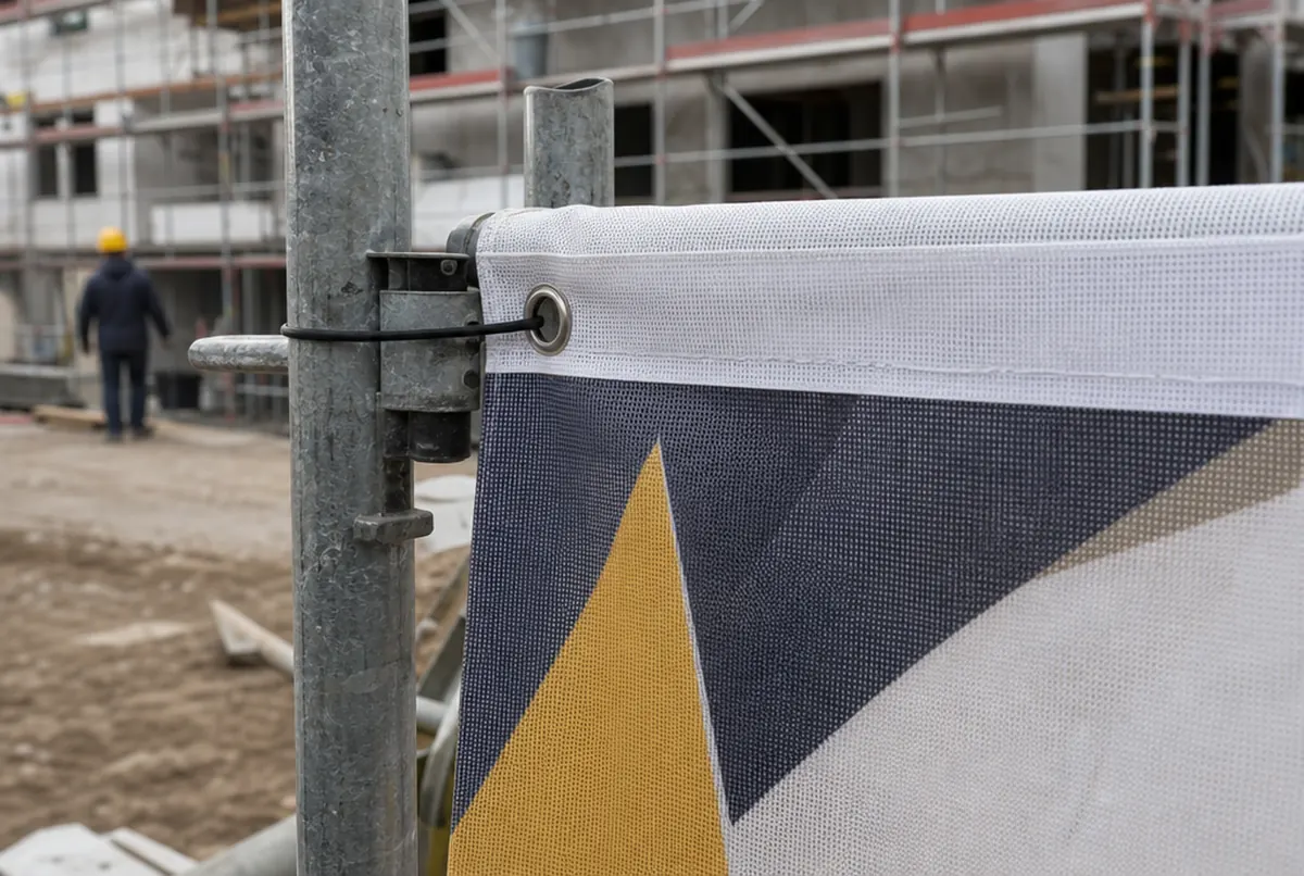 Mesh attached to a scaffolding tube: reinforced grommet, tie and hem tunnel