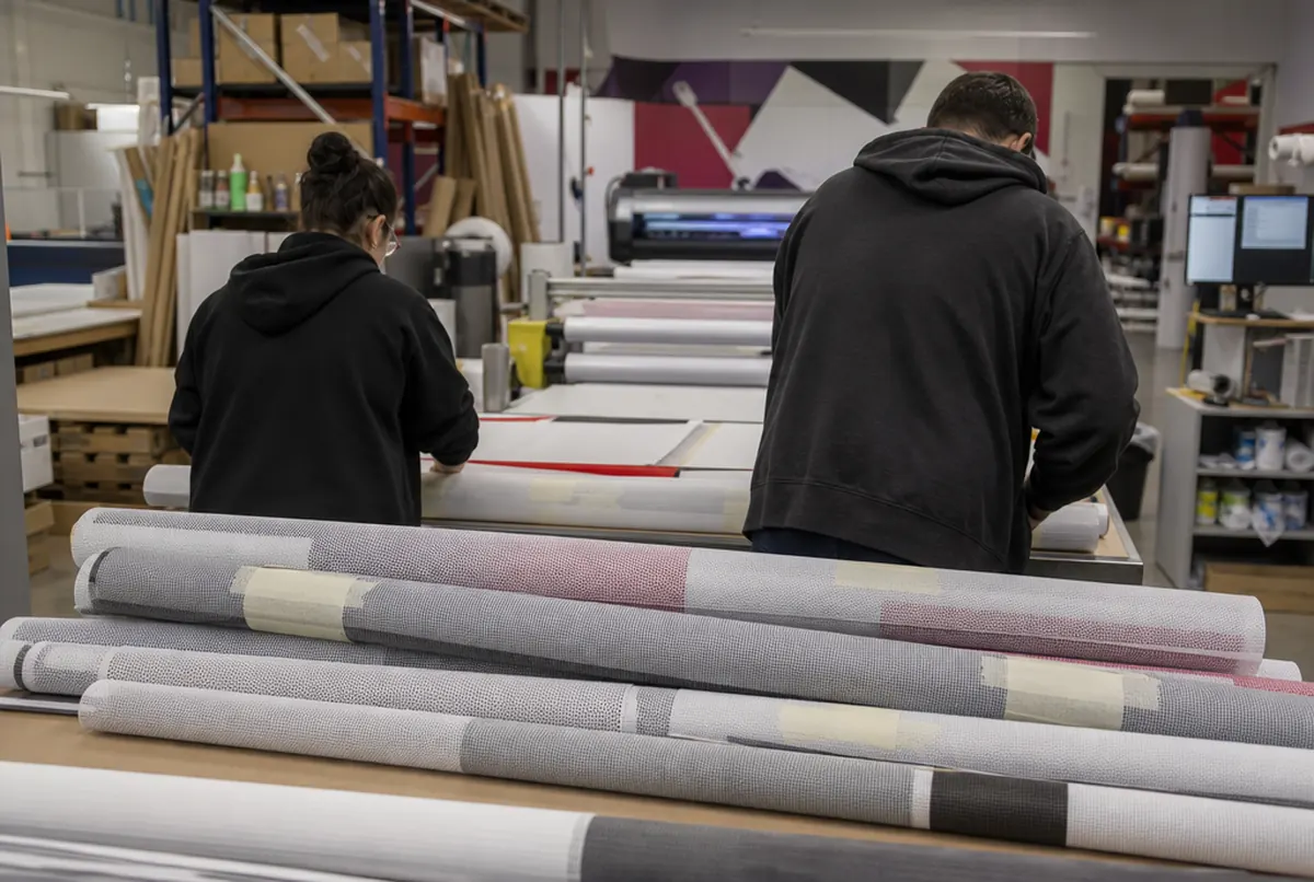 Workers folding and labelling rolls of mesh for delivery to a building site