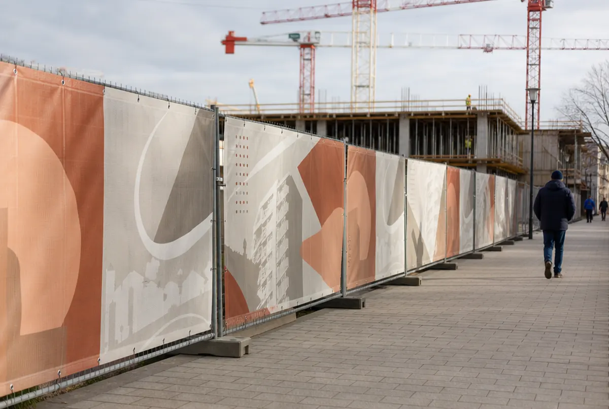 Developer banners with a building silhouette on a construction site fence, cranes behind