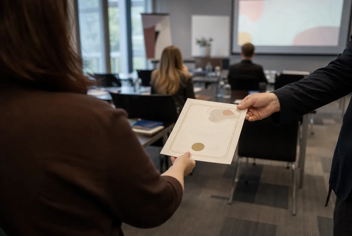 Remise d'un certificat A4 sur papier décoratif à la fin d'une formation