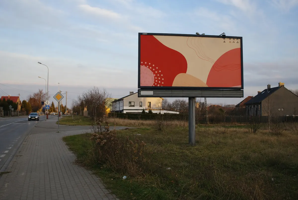 Billboard on a steel leg by a road on the edge of town with a red and cream poster