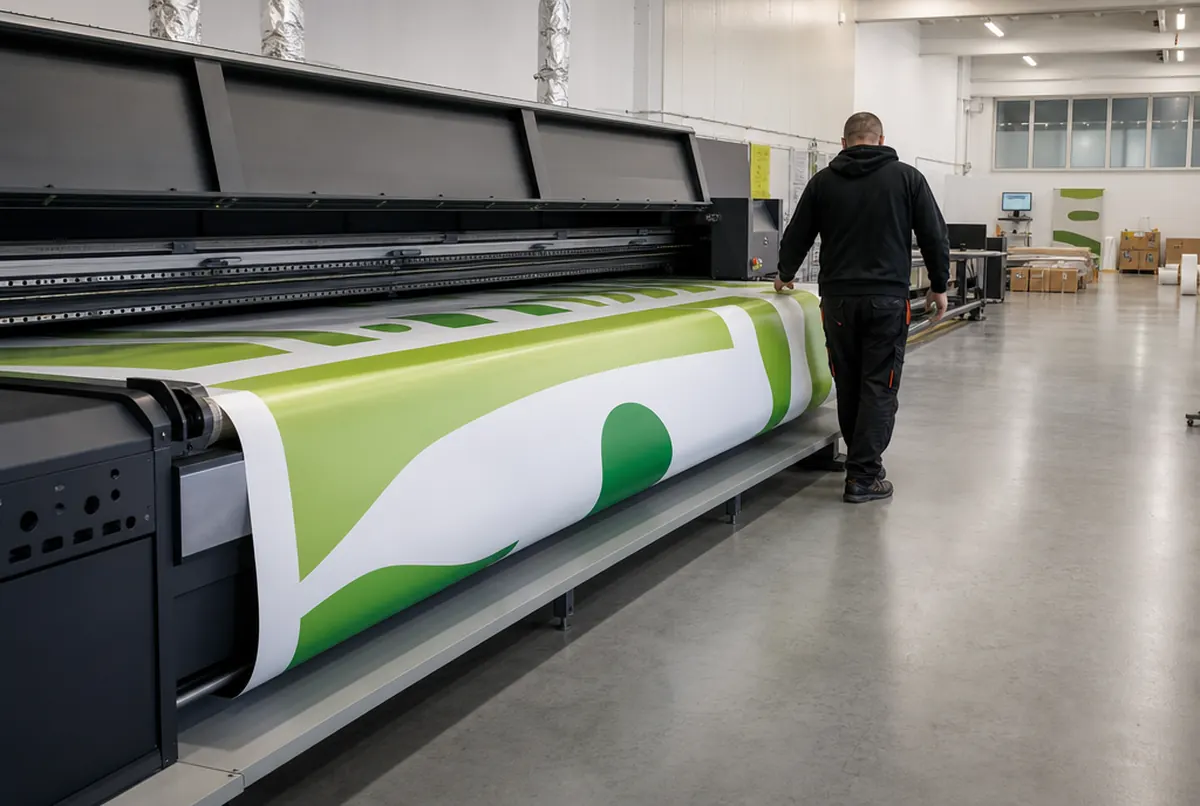 Roll printer producing a billboard banner in one piece, worker checking colour