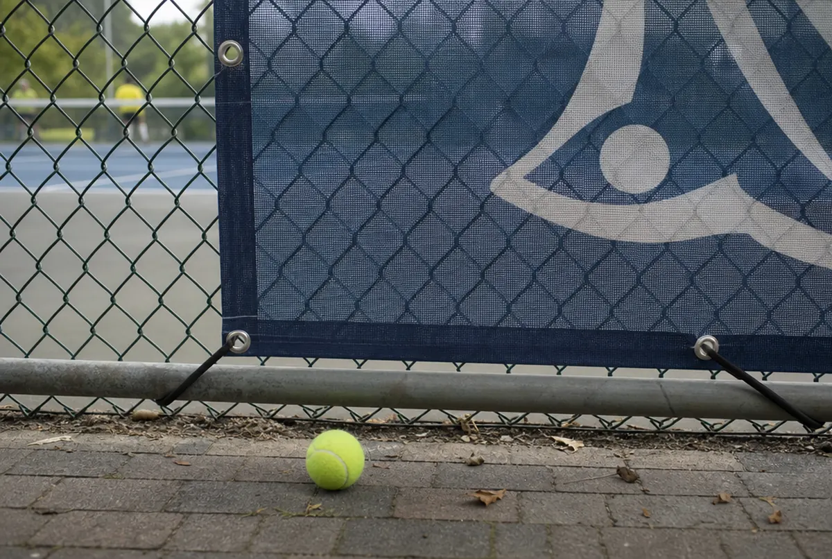 Navy mesh windscreen fixed with cable ties to a court fence, a tennis ball nearby