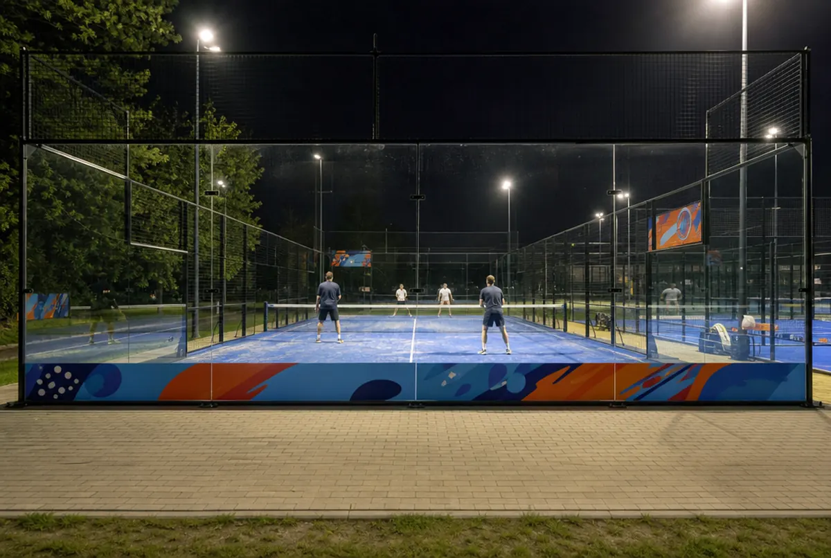 Advertising boards along the baseline of a padel court during an evening game