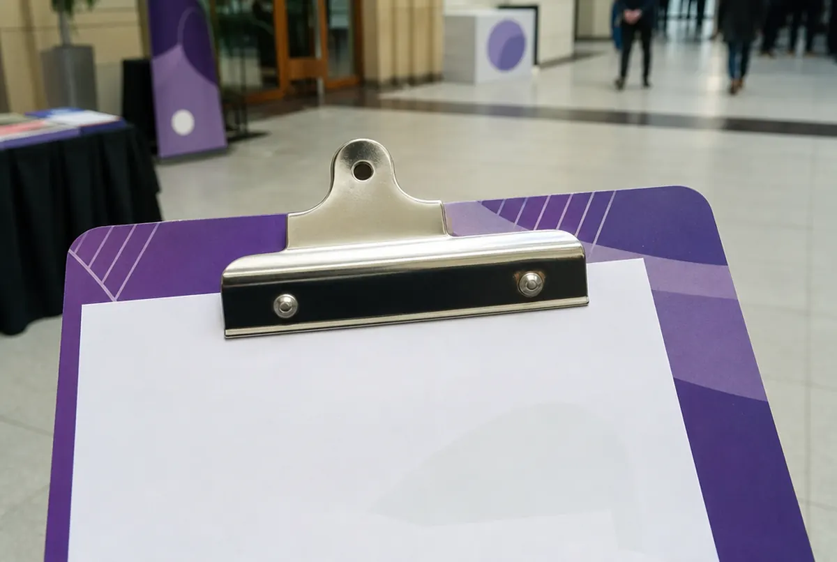 Nahaufnahme von Metallklemme und runden Ecken eines UV-bedruckten Klemmbretts