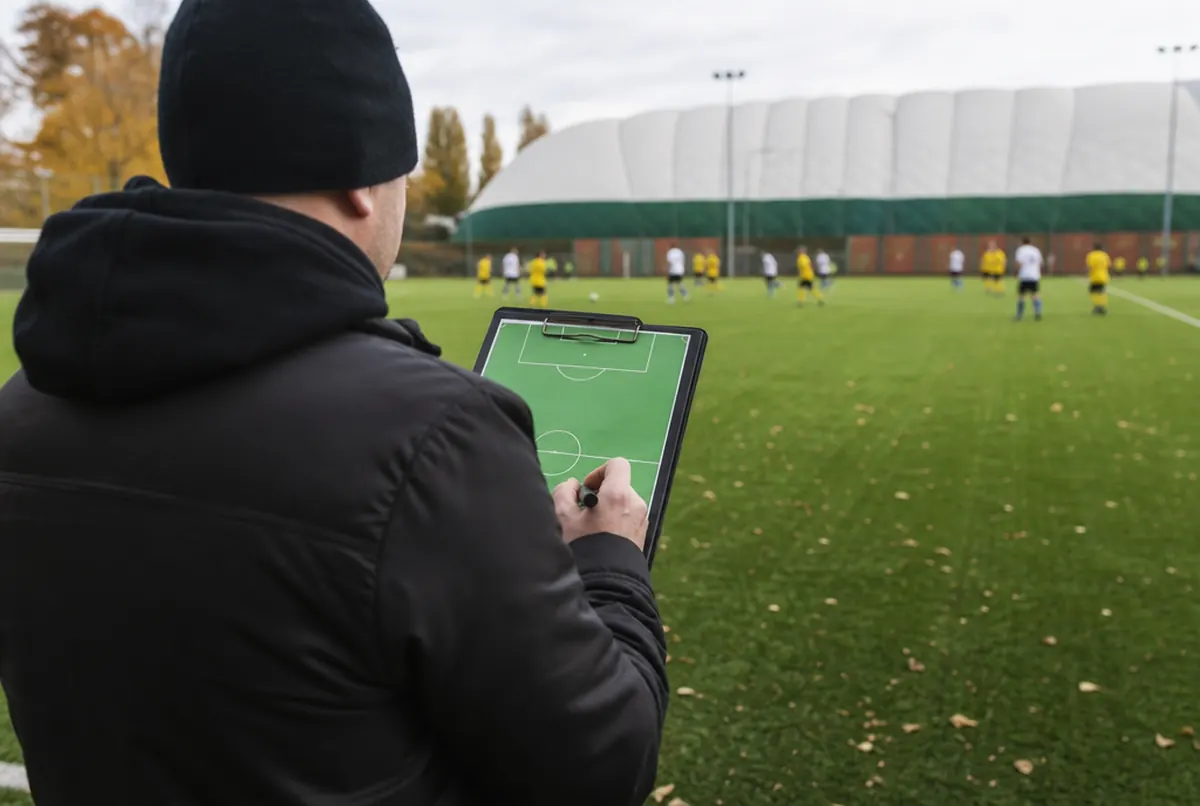 Trainer am Spielfeldrand mit Klemmbrett mit aufgedrucktem Spielfeld