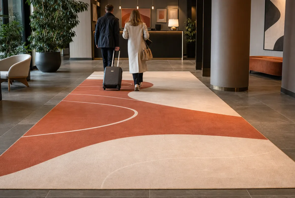 Printed carpet with terracotta waves at the entrance of a hotel lobby on a stone floor