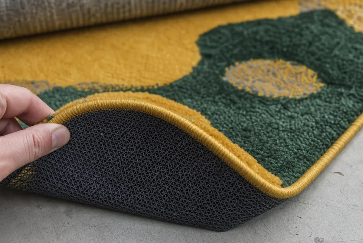 Close-up of a printed carpet edge: short pile, stitched binding and anti-slip backing