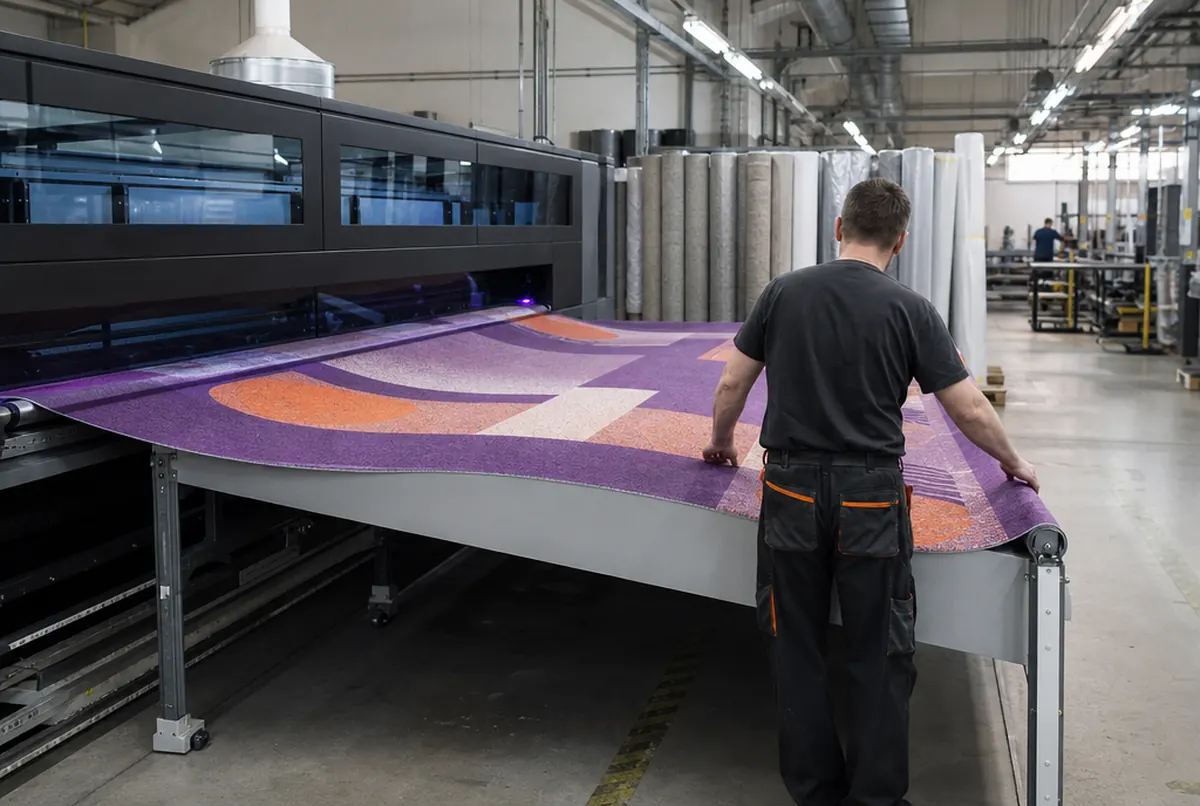 Printing a Carpet floor decoration on a large-format printer in the production hall