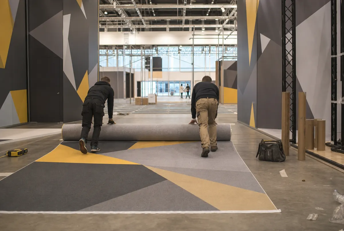 Crew unrolling a printed floor covering on a trade fair stand during build-up