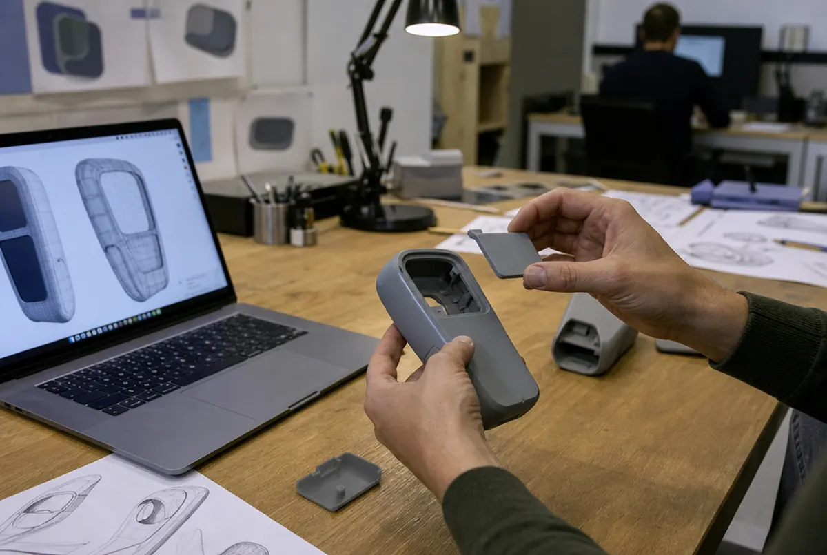 Prototipo de carcasa impreso en 3D probado a mano en la mesa de un diseñador