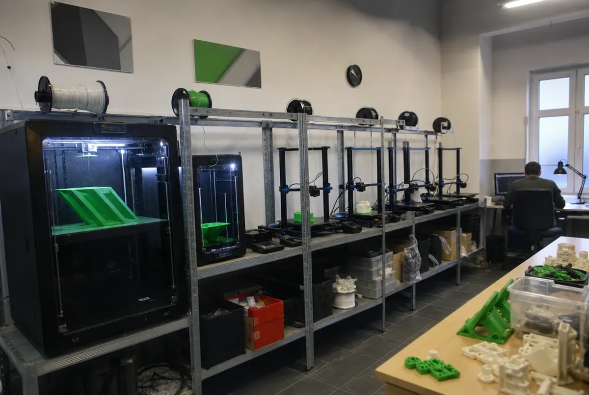 Granja de impresión 3D con dos grandes máquinas industriales imprimiendo piezas