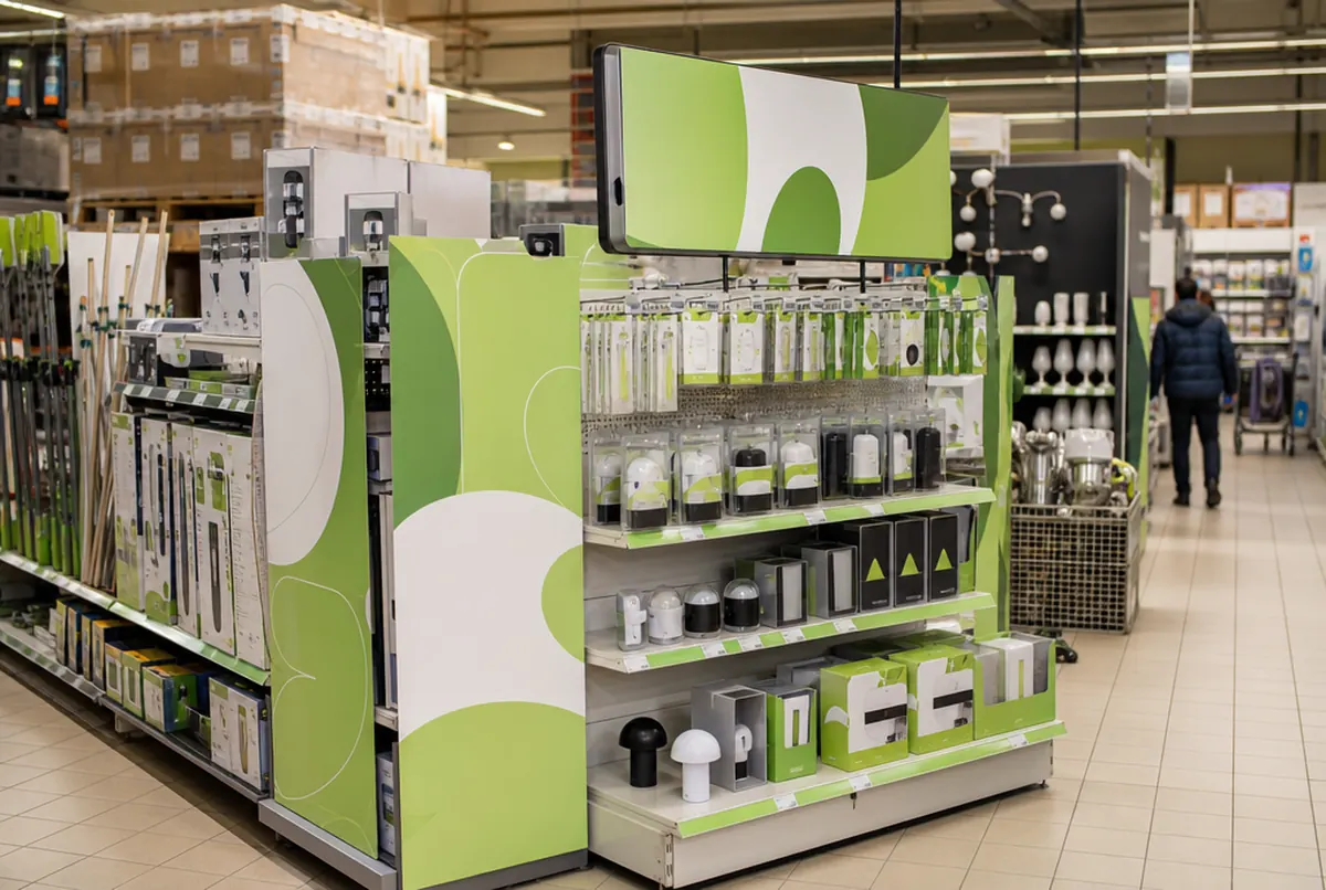 Store display made from printed PVC and composite boards in green and white