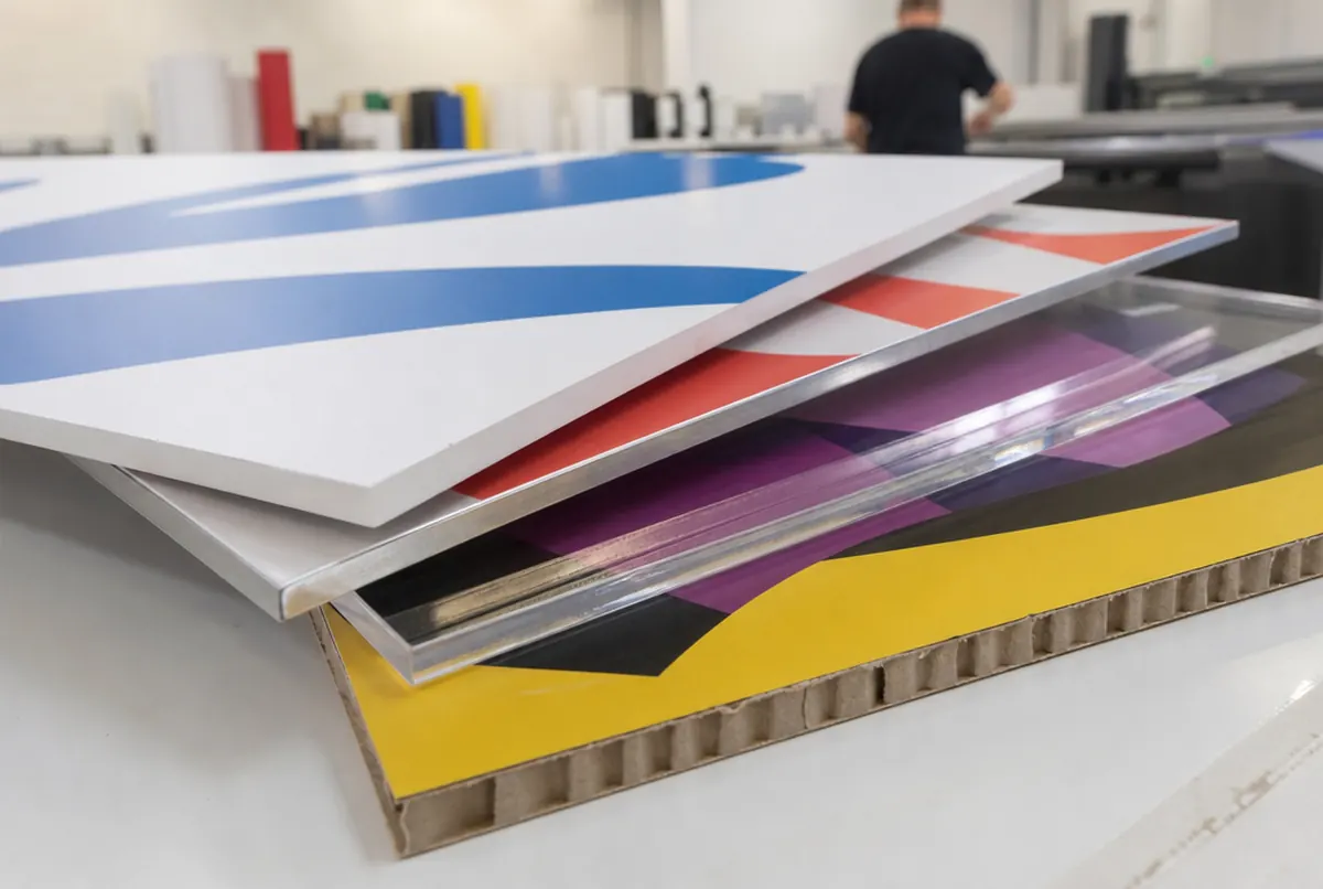 Fan of printed board samples: PVC foam, composite aluminium, acrylic and honeycomb