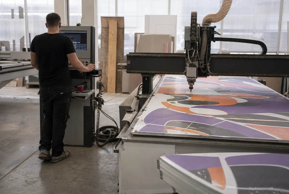 CNC router cutting shapes from a printed composite sheet along the graphic outline