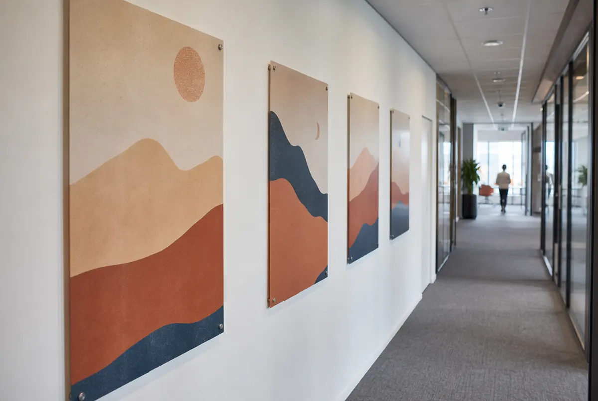 Series of printed decorative panels on standoffs in an office corridor