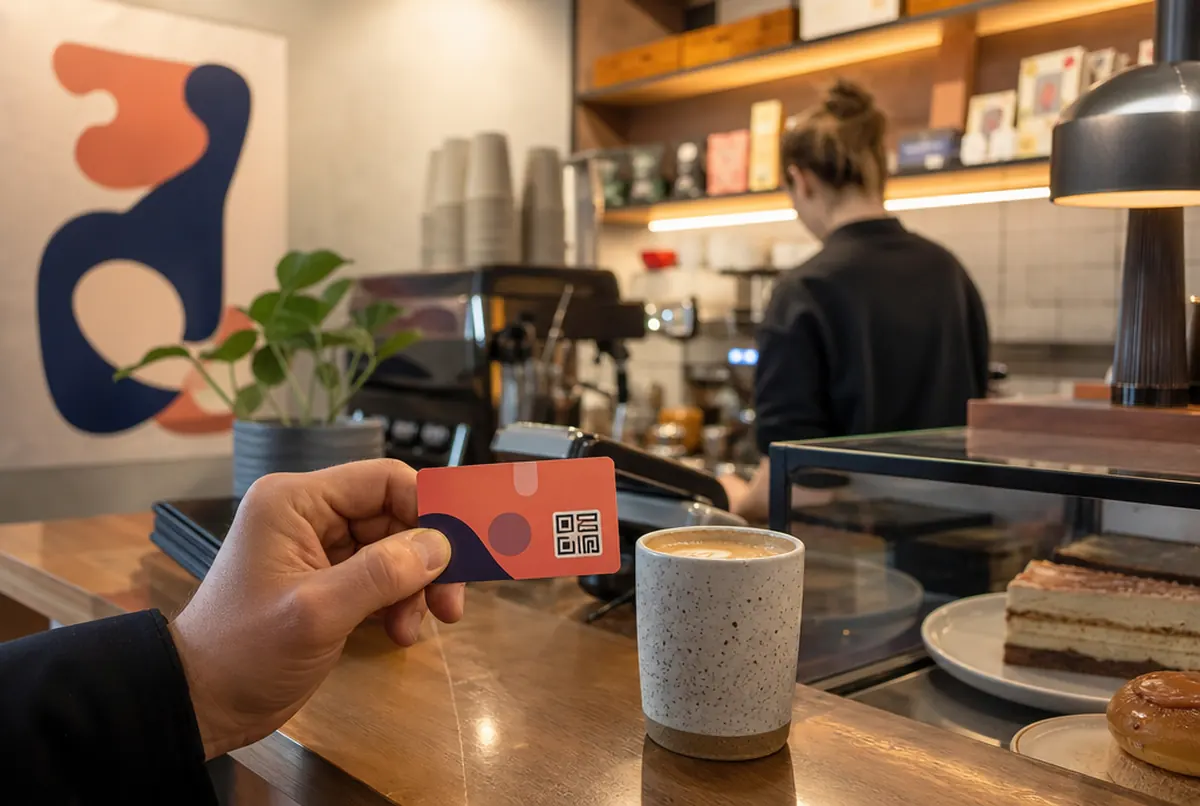 Loyalty card with a unique code in a customer's hand at a café counter