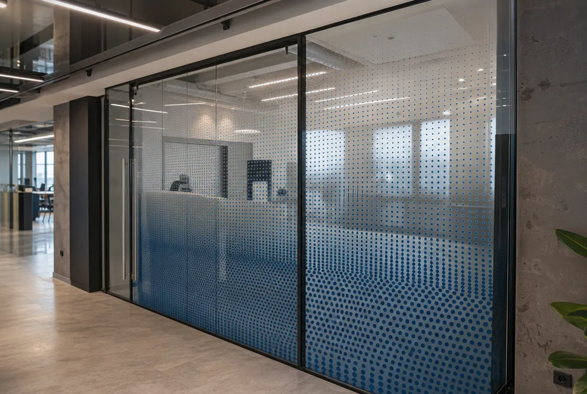 Cloison vitrée de hall avec impression UV de points en dégradé bleu